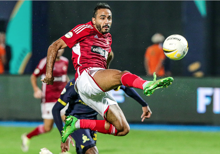 Mahmoud Abdelmonem of Al Ahly shoots during the African Football League (AFL) semi-final match between Al Ahly of Egypt and Mamelodi Sundowns of South Africa in Cairo, Egypt, Nov. 1, 2023