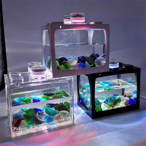 New Small Fish Tank With Seven-color LED Lights Desktop Creative Micro Landscape Ecological Tank Mini Tropical Fish Aqua