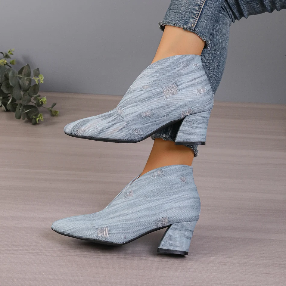 Bottines en jean avec découpe en V pour femmes, style européen et américain, parfaites pour un look tendance et confortable