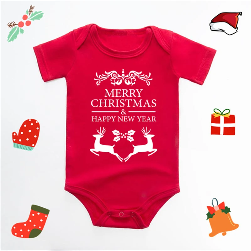 Divertidos Bodys de Navidad con Estampado de Ciervos y Letras en Inglés, Triángulo Rojo, Perfecto para Bebés