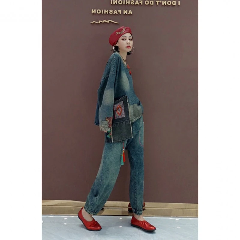 Traje de moda chaqueta de mezclilla coreana pantalón de harén personalidad