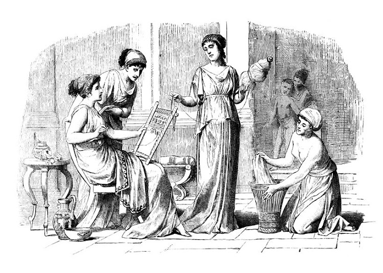 A Victorian etching of classical Greek women at home.