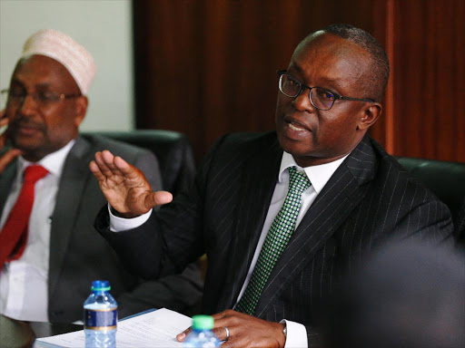 Environment Chief Administrative Officer Mohamed Elmi with the then Kenya Forest Service Peter Kinyua before the parliamentary Environment committee during questioning on poor management, March 29, 2018. /JACK OWUOR