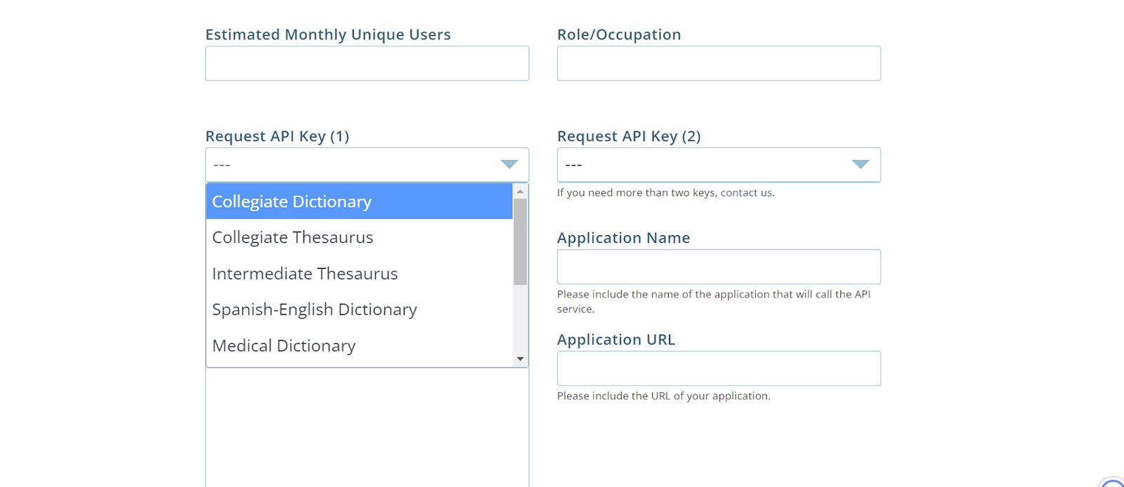 This shows the various keys one can apply for on Merriam-Webster