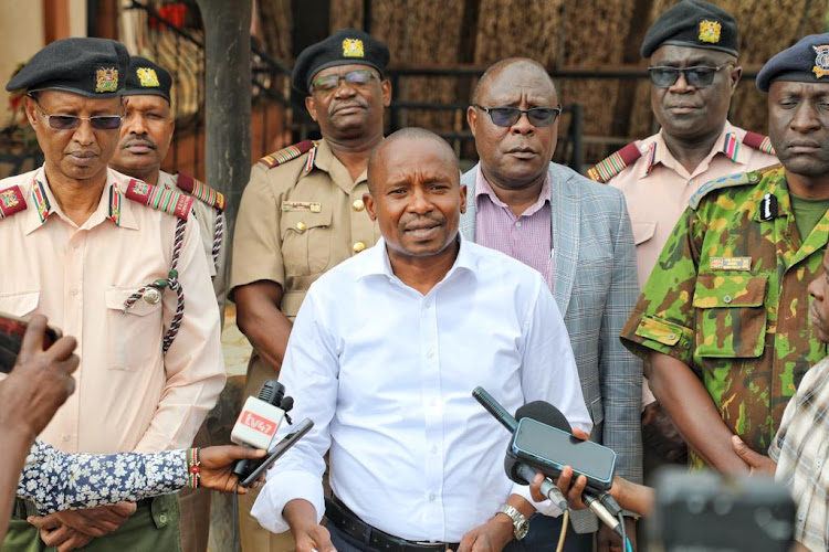 CS Kindiki addressing the media on the ongoing security operation in parts of Turkana, West Pokot, Elgeyo Marakwet, Baringo, Laikipia and Samburu Counties accompanied by the regional security team and county commissioners from the three counties of West Pokot, Elgeyo Marakwet and Turkana on Friday February 24