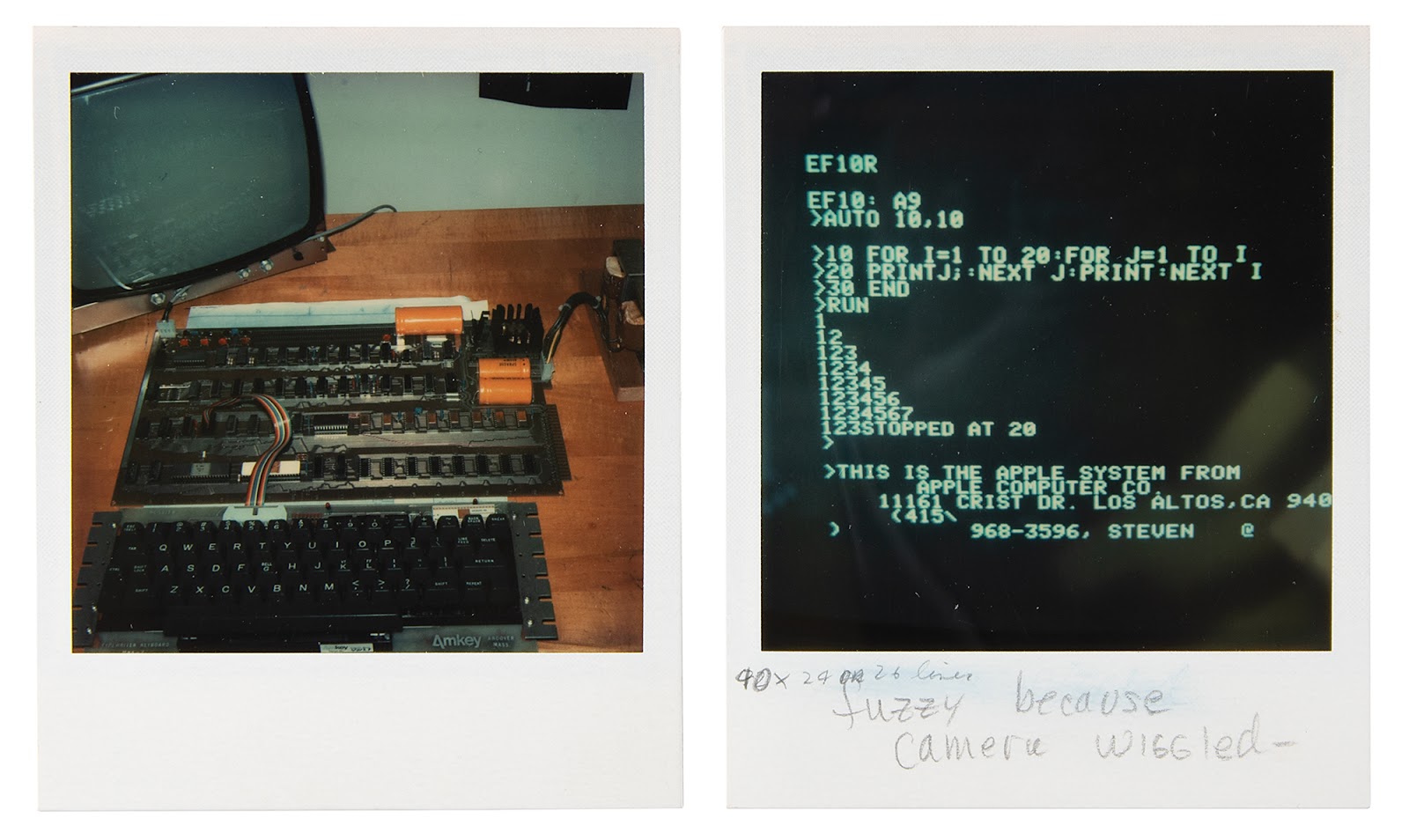 Original polaroid photographs of the fully assembled Apple-1 computer with its accompanying keyboard and monitor in Mountain View The Byte Shop. Steve Jobs annotates the lower border of the second photo, writing, “fuzzy because camera wiggled.”