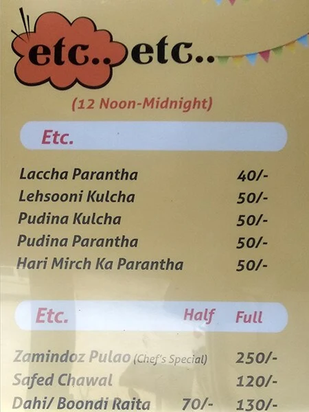 Kulcha Lal Parantha Das menu 