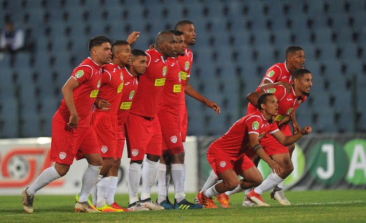 The Magic FC players celebrate after winning on penalties during the Nedbank Cup last 32 match against Maccabi FC at Dobsonville Stadium in Soweto January 29 2019 at Dobsonville Stadium.