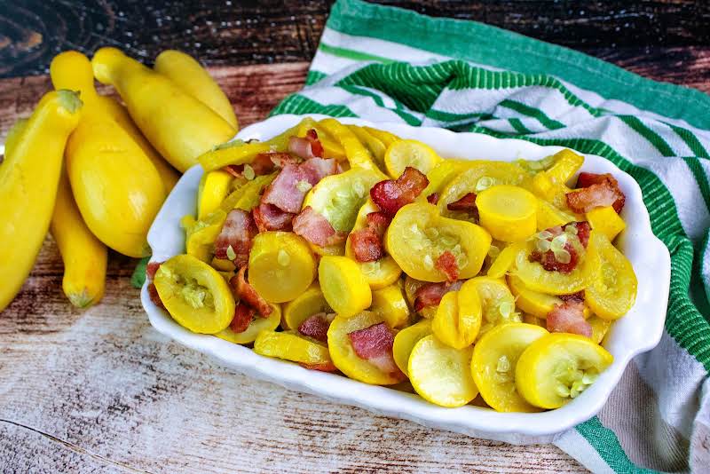 Squash, Yellow Crooked Neck Old Southern Style In A Serving Bowl.