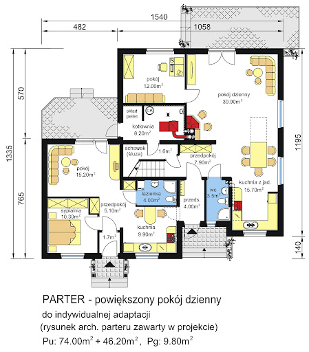 BS-14 dwulokalowy - Rzut parteru - propozycja adaptacji - powiększony pokój dzienny