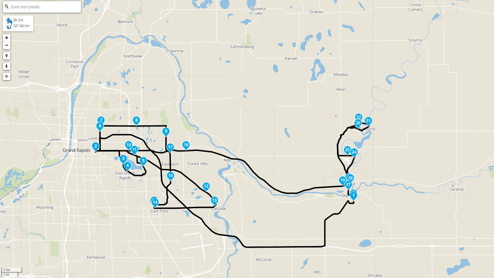 De route van vandaag. Afgelegde afstand: 128 km