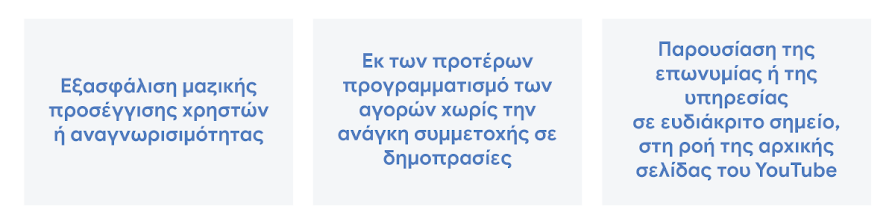 Αύξηση της μαζικής προσέγγισης χρηστών ή της αναγνωρισιμότητας, εκ των προτέρων προγραμματισμός των αγορών χωρίς να θέλουν να βασίζονται στη δημοπρασία, καθώς και παρουσίαση της επωνυμίας ή της υπηρεσίας τους σε έναν εμφανή χώρο στη ροή αρχικής σελίδας YouTube.