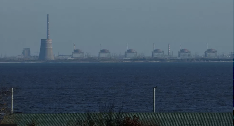 The Zaporizhzhia plant as seen from the Ukrainian-held bank of the Dnipro