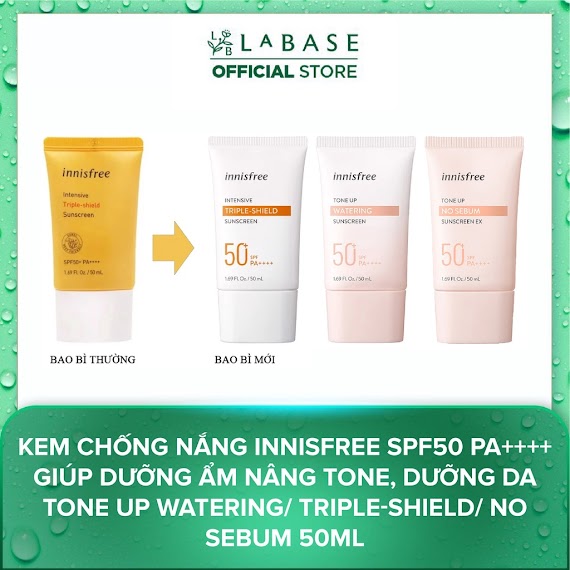 Kem Chống Nắng Innisfree Spf50 Pa++++ Giúp Dưỡng Ẩm Nâng Tone, Dưỡng Da Tone Up Watering/ Triple - Shield 50Ml