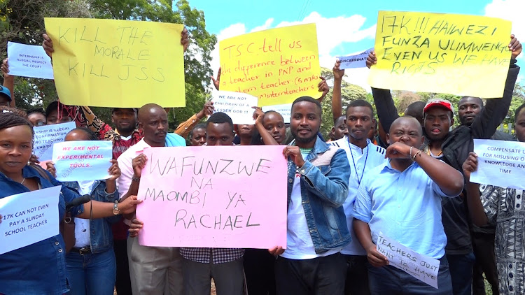 JSS teachers protesting in Murang'a town on May 1, 2024.