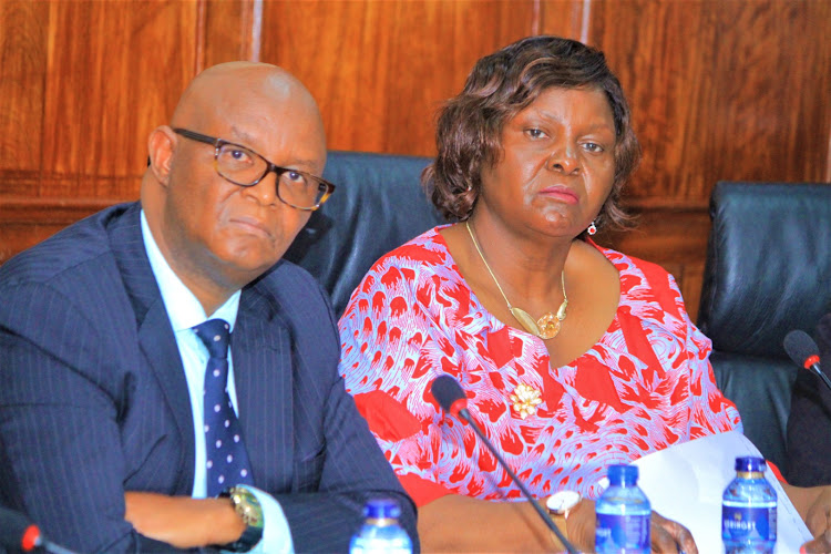 Commission on Revenue alocation ceo James Katule and Chairlady Mary Wanyonyi answer audit questions when they appeared before the public accounts committee in parliament on November.23rd.2023/EZEKIEL AMINGÁ