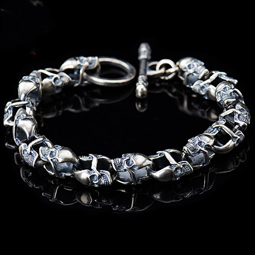 Title 4, Punk Double-sided Skull Bracelet Sterling Silve...