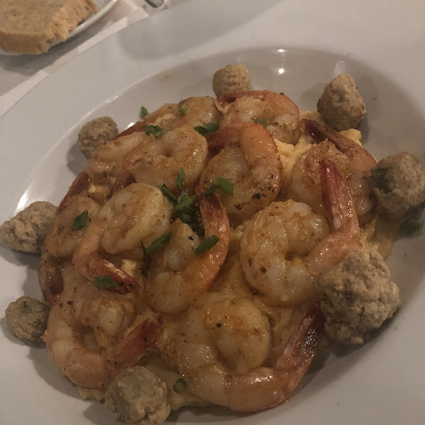 Shrimp & grits with GF fried okra.