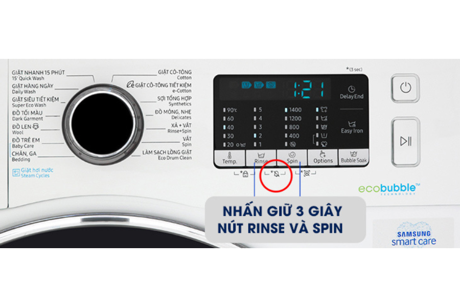 Ấn lưu giữ nút Rinse và Spin