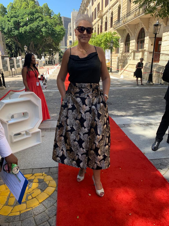 DA chief whip Natasha Mazzone on the red carpet before Sona 2020. Mazzone is wearing Durban designer Amanda Laird Cherry.