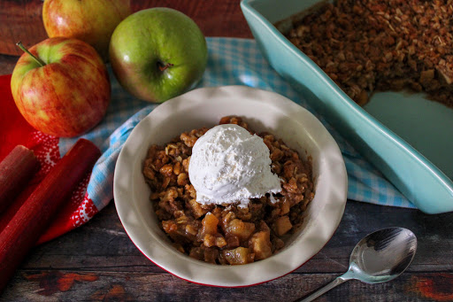 A bowl of Apple Rhubarb Crisp.