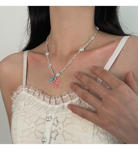Title 5, Blue Five Pointed Star Beaded Stitching Necklac...