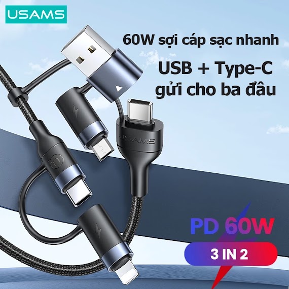 Dây Cáp Sạc Nhanh Usams 1.2M 60W 3 Trong 1 Usb Ip Type C