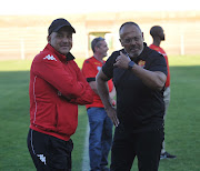 Owen Da Game coach of Highlands Park and Larry Brookstone during the National First Division match between Highlands Park and University of Pretoria on 07 April 2018 at Makhulong Stadium.