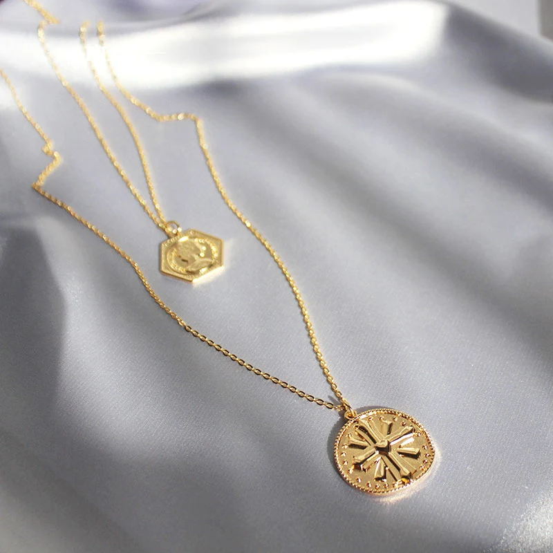 Vintage Coin Queen Head Cross Relief Long Necklace