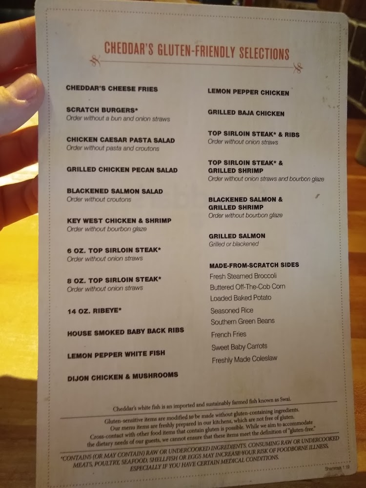 Gluten Free at Cheddar's Scratch Kitchen - 2020 - Gluten Free Menu