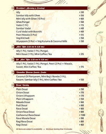 Vasantha Bhavan Hotel menu 