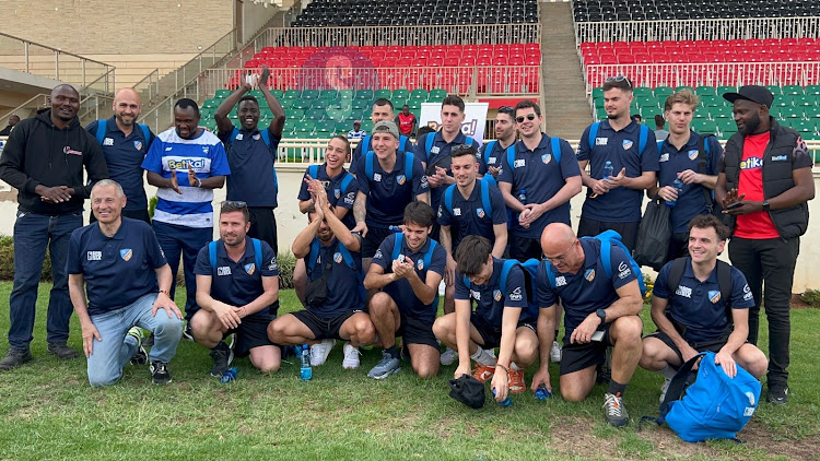 AFC Leopards officials with Spanish side A.E Ramassa at Nyayo stadium on March 23, 2024.