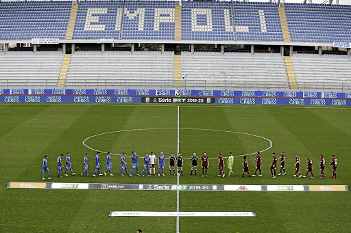 A football stadium on match day with no fans. The scene at an Italian Serie B match between Empoli FC and Trapani this month.