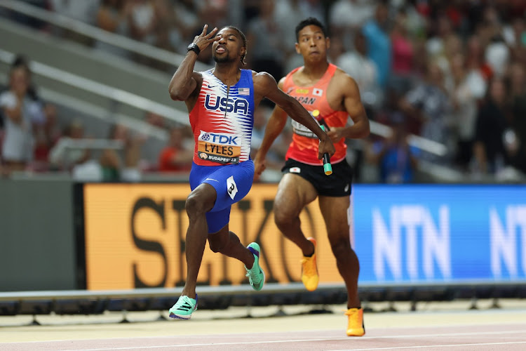 Noah Lyles of the US reacts after winning the men's 4x100m relay at the world championships in Budapest on Saturday.