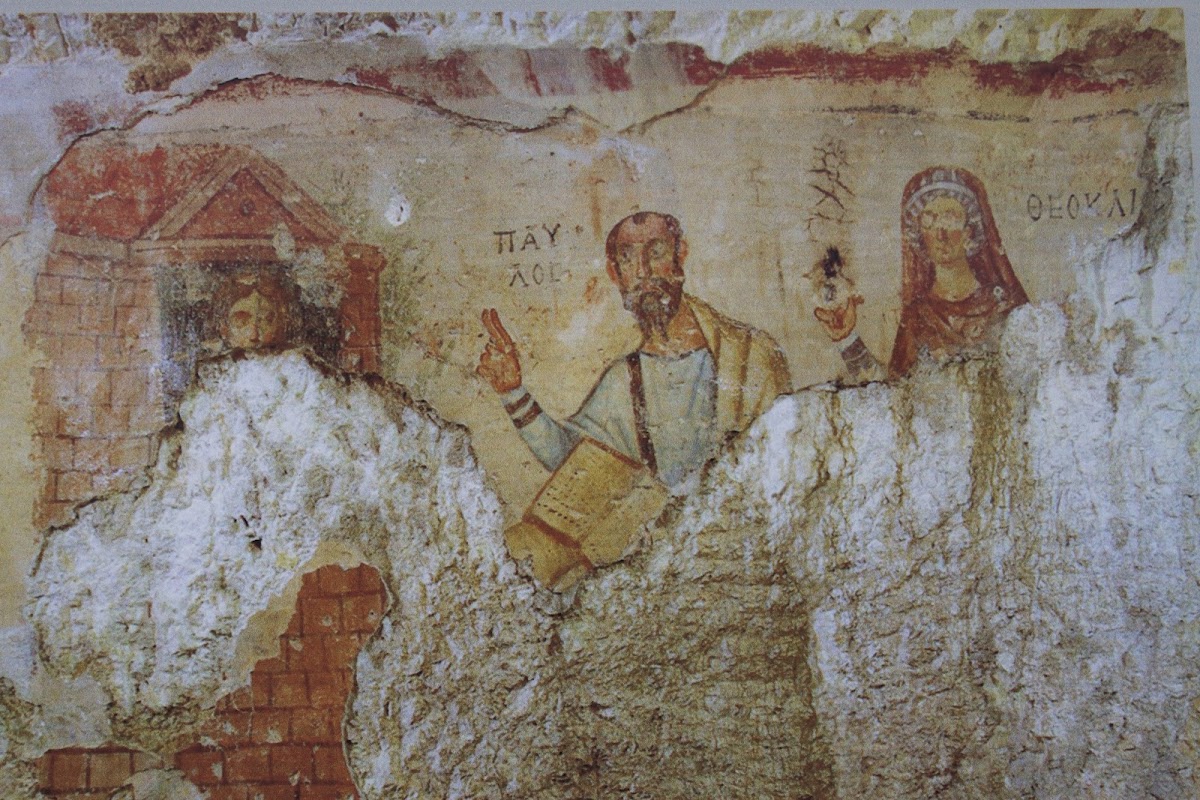 Paul, Thecla, and Hidden Virgin (possibly Mary) in Cave of St. Paul