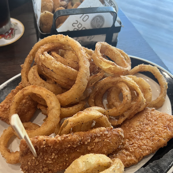 Kid's fish sticks with onion rings subbed for fries