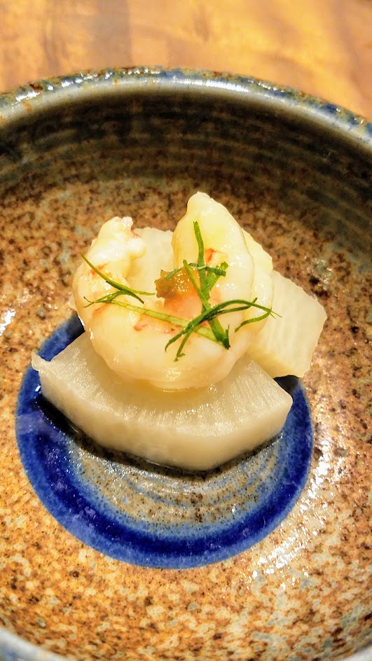 Nodoguro Princess Mononoke Sousaku Fourth Course: Daikon cooked in rice water with Canadian Prawn and fermented yuzu skin and Japanese Parsley