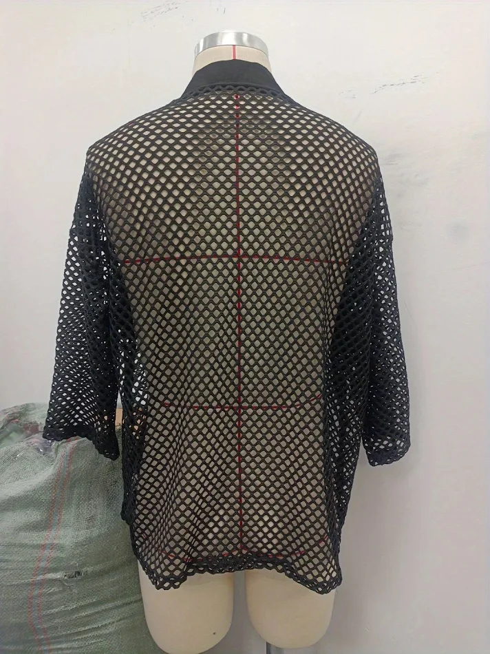 Men's Hollow T-shirt Mesh Cardigan Fashion Costume Breathable and lightweight for a stylish and comfortable look, perfec