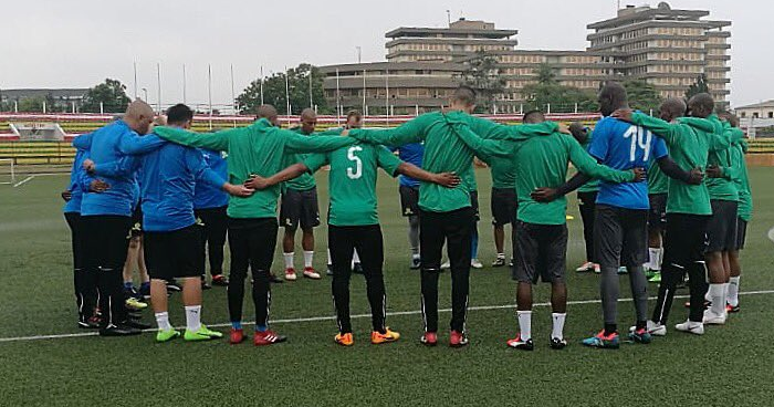 Mamelodi Sundowns' in a group chat during a training session in Lome, Togo, on Monday July 15 2018 ahead of the clash against local giants AS Togo-Port.