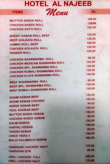 Al-Najeeb Nawab Of Kebab menu 