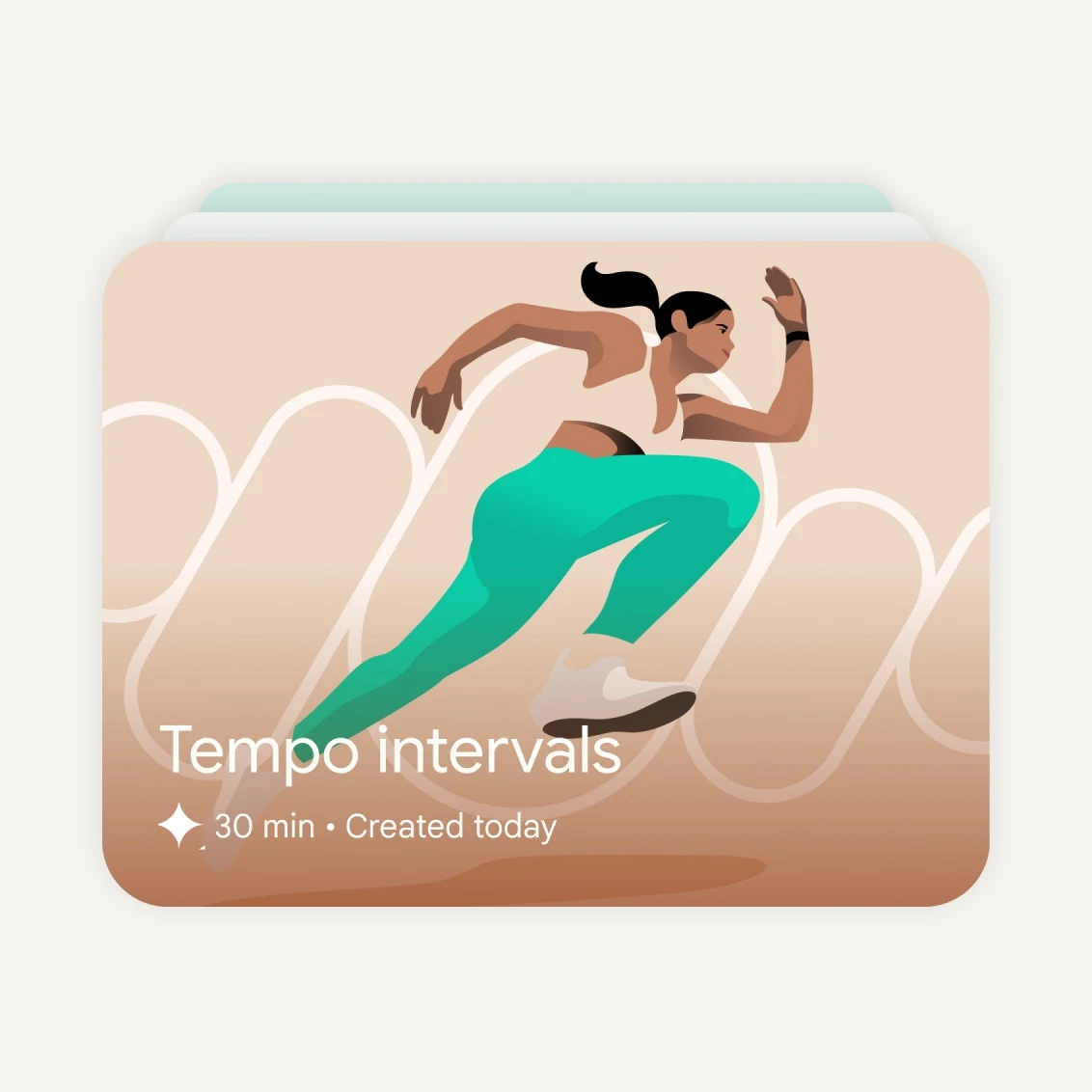 An illustration of a runner against a green background on a stack of cards for run recommendations by Fitbit Premium.