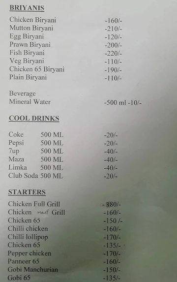 Sri Sun Hotel menu 