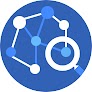 Icône en forme de cercle bleu avec des nœuds interconnectés et une loupe observant l&#39;un d&#39;entre eux