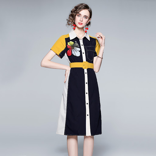 Title 5, Printed Embroidery Lapel Short Sleeved Shirt Dr...