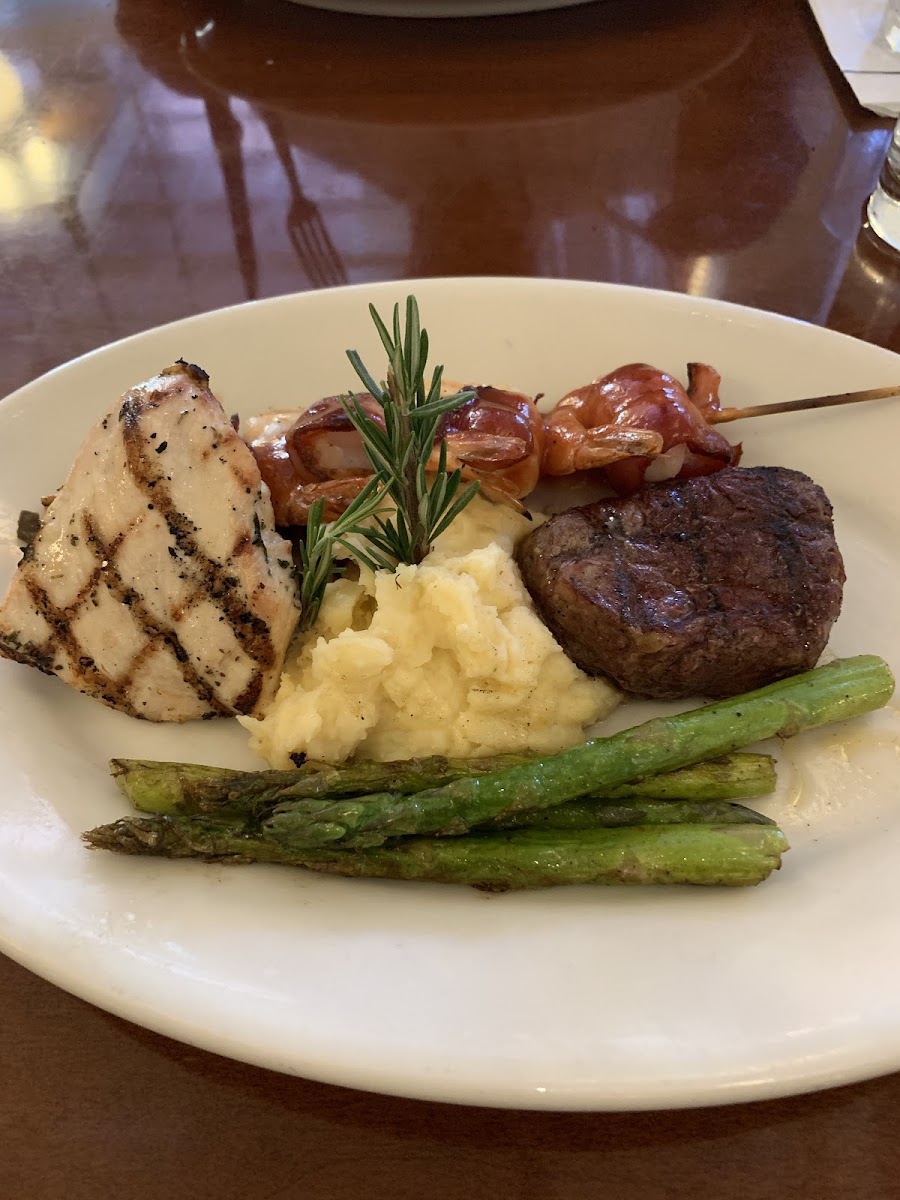 mixed grill dinner entree. chicken, beef, bbq shrimp