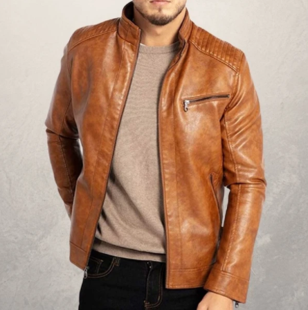 Title 4, Stand-up collar punk mens motorcycle jacket. B...
