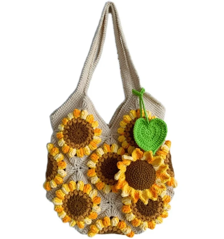 Kit de Matériaux pour Sac à Épaule Tournesol 3D Tissé en Laine DIY, Créez Votre Propre Sac Unique et Fait Main.