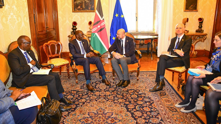 President William Ruto holds talks with European Council President Charles Mitchel on the sidelines of the ongoing Italy-Africa Summit in Rome, Monday, January 29, 2024.