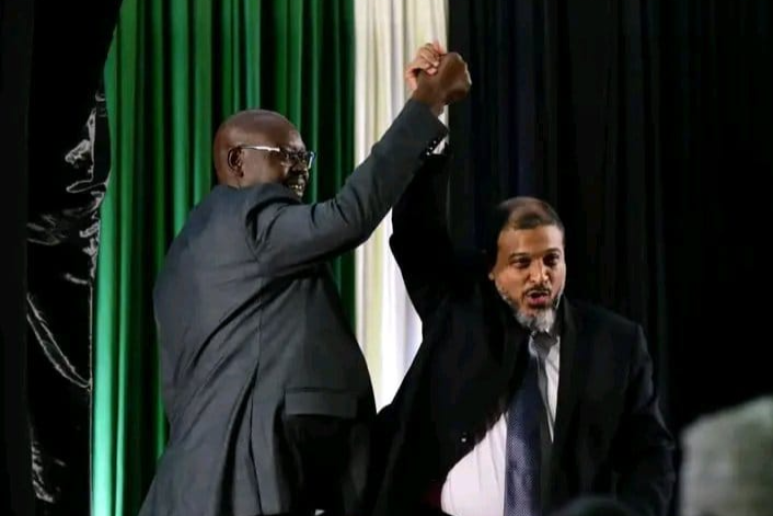 Newly elected Kenya National Chamber of Commerce and Industry President Erick Rutto with his deputy Mustapha Ramadhan shortly after being declared winners at the Bomas of Kenya on June 8,2023.