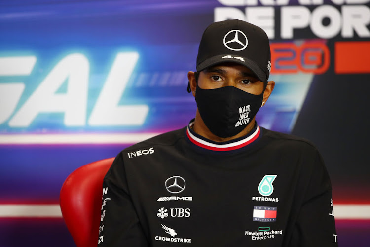 Lewis Hamilton of Great Britain and Mercedes GP in the drivers press conference before the F1 Grand Prix of Portugal at Autodromo Internacional do Algarve on October 22 2020 in Portimao.